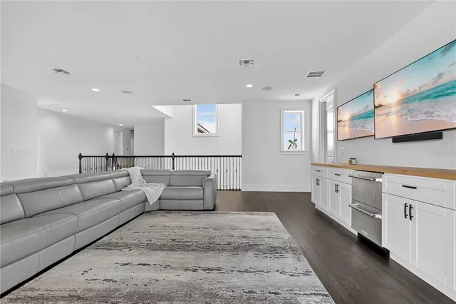 a garden view with a seating space