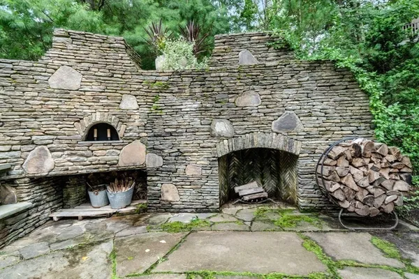 a front view of a house with plants