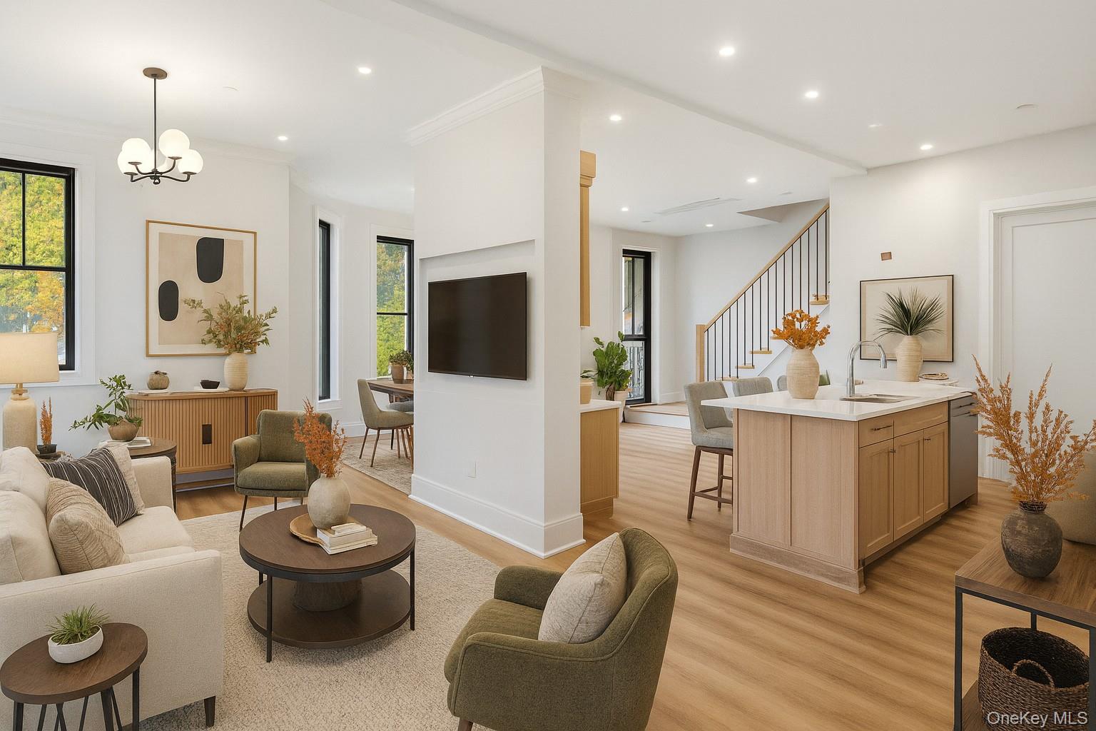 34 Clinton Avenue, Unit 5D Dobbs Ferry, NY 10522 - Photo 3 of 13 a living room with furniture a flat screen tv and kitchen view
