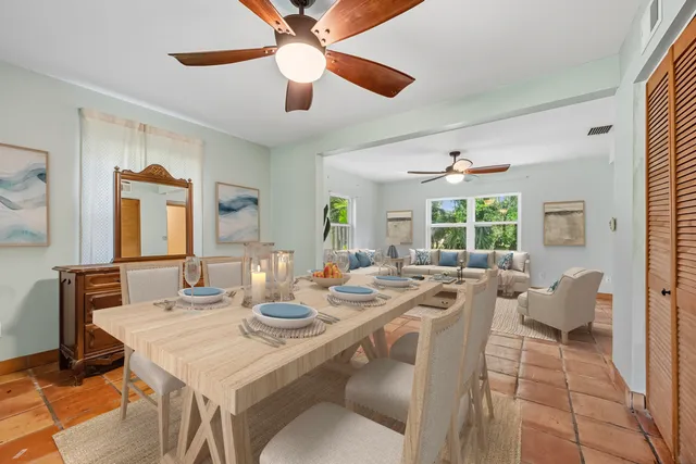 a view of a dining room with furniture window and outside view
