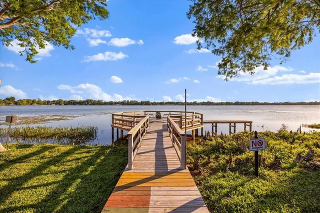 a view of a lake with a outdoor space