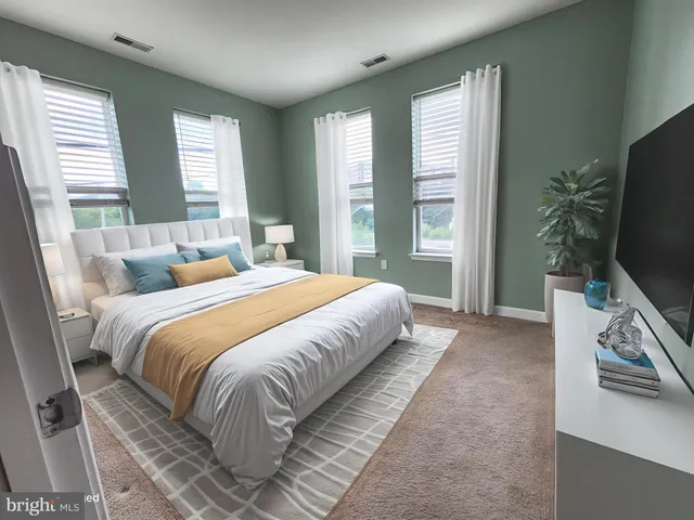 a bedroom with a bed television window and potted plant on table