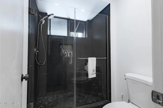 a bathroom with a shower and toilet