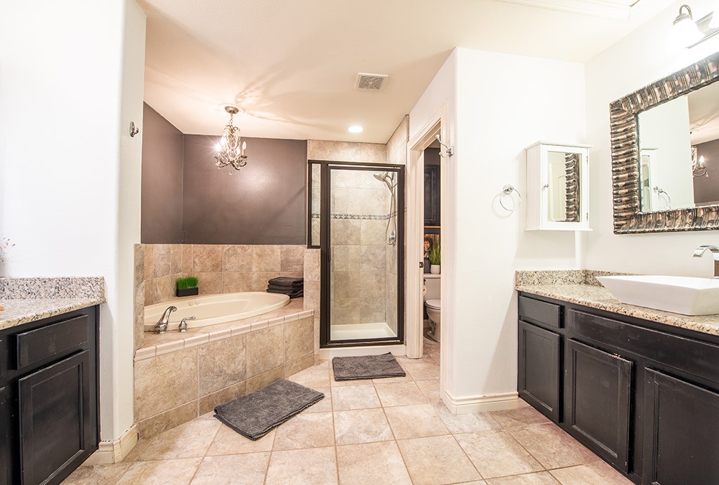 3609 Clawson Road, Unit A Austin, TX 78704 - Photo 9 of 17 A lavish bath features a soaking tub, separate shower, and dual vanity with granite counters.