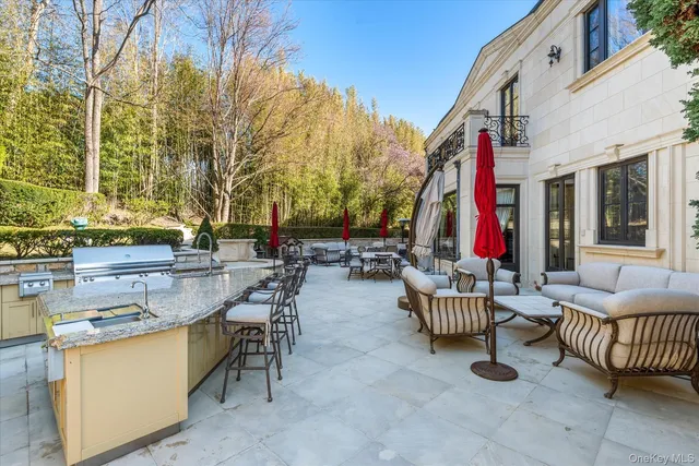 a view of outdoor space with seating area and barbeque oven