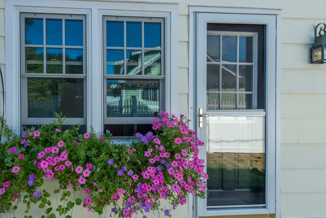 a flower garden in front of a window
