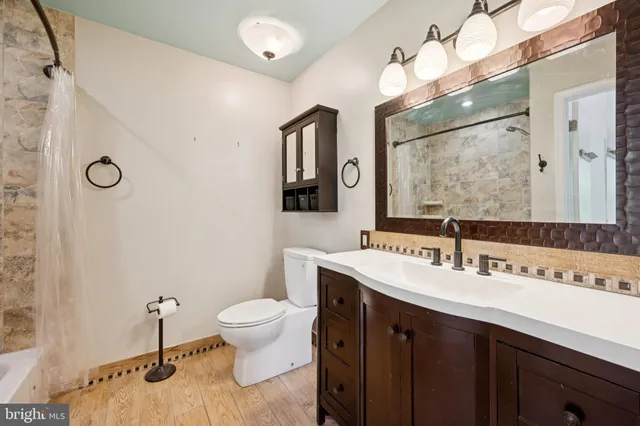 a bathroom with a sink a toilet and a mirror