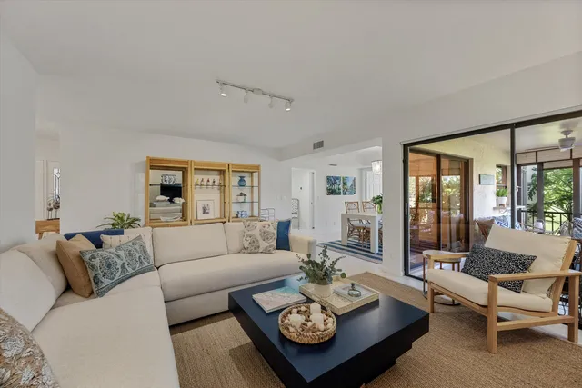 a living room with furniture potted plant and a large window