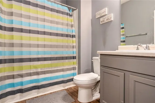 a bathroom with a sink a toilet a shower curtain