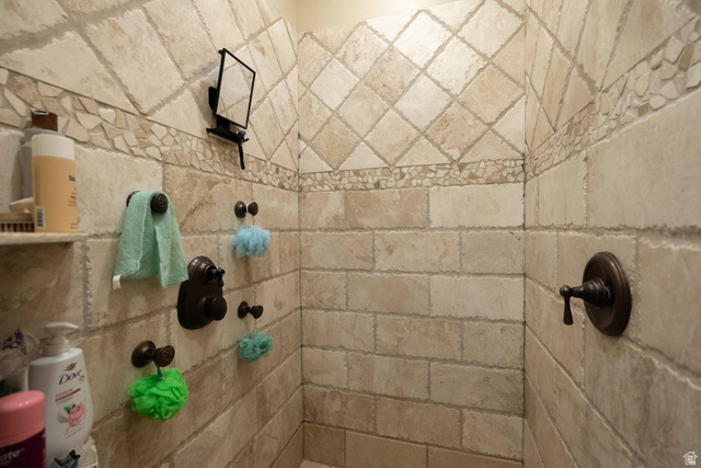 687 South 2080th Street East Springville, UT 84663 - Photo 23 of 149 Shower enclosure featuring textured beige tile walls with a decorative mosaic band