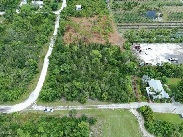 an aerial view of residential houses with outdoor space and trees