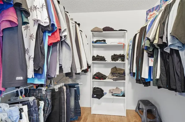 a view of walk in closet with clothes and shoes