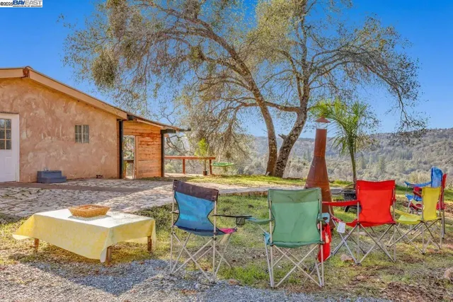 a view of a backyard with table and chairs