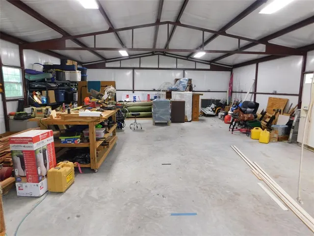 a view of a garage with storage