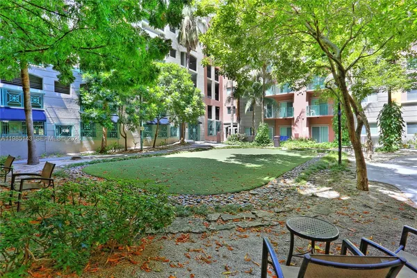 a view of a chairs and tables in the backyard of the house