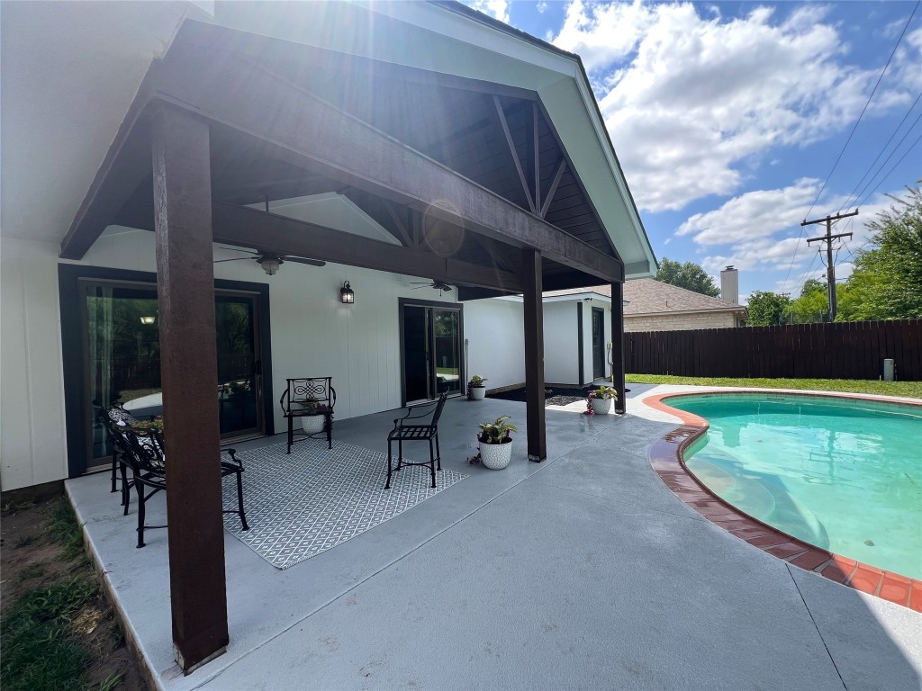 404 Patton Cove Bastrop, TX 78602 - Photo 38 of 40 View of pool with a patio area, fence, a ceiling fan, and a fenced in pool