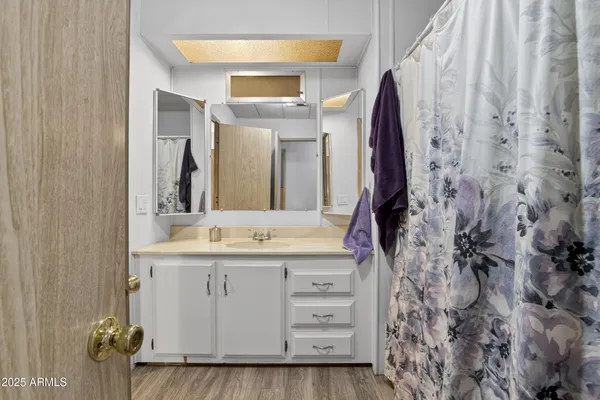 a bathroom with a sink and a mirror