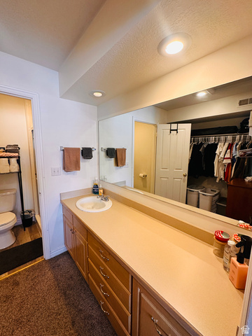 1559 Riverside Avenue, Unit 9 Provo, UT 84604 - Photo 4 of 12 Bathroom with vanity, a walk in closet, a textured ceiling, dark colored carpet, and recessed lighting