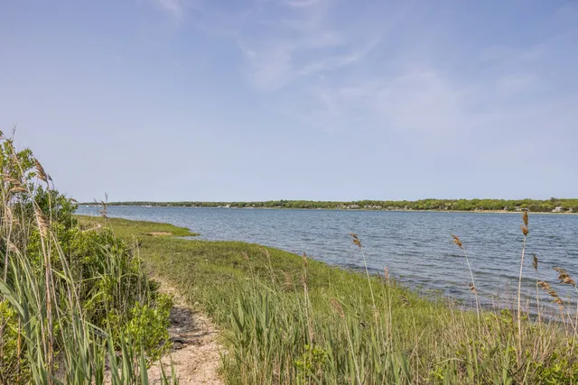 a view of a lake with a city