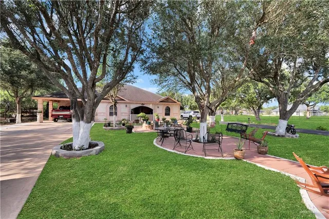 a view of a house with backyard and a tree