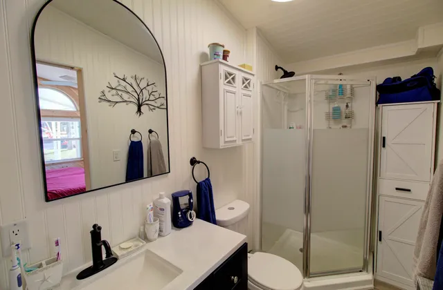 a bathroom with a sink toilet and shower