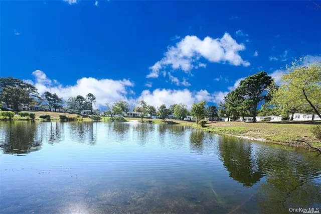a view of a lake with houses in the background