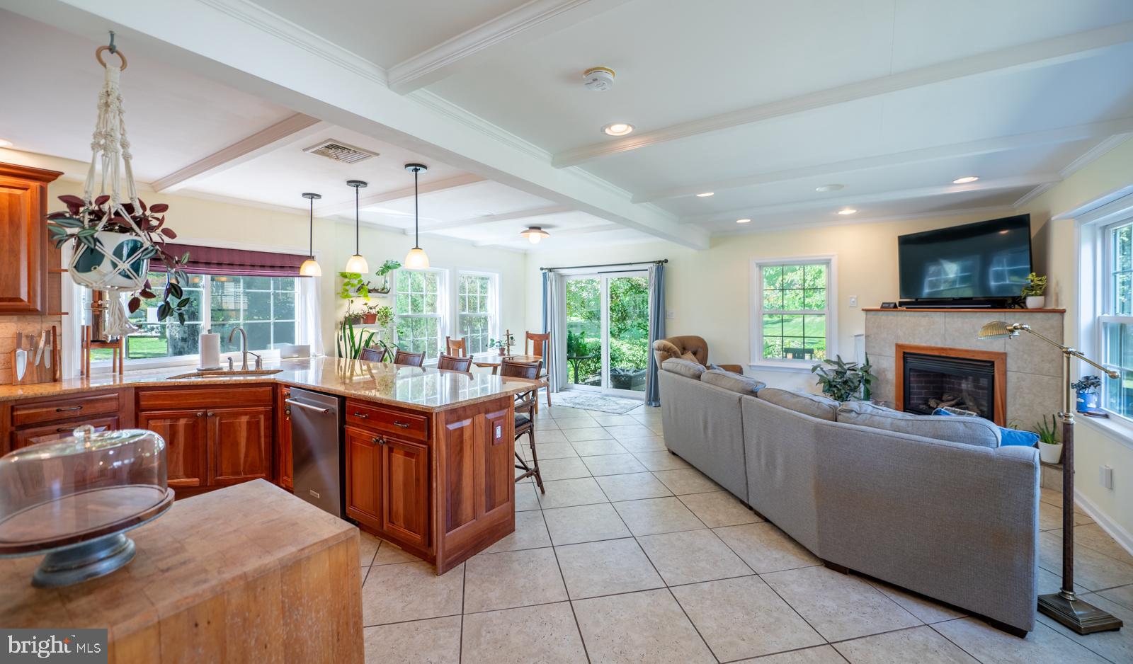 22 Salisbury Lane Malvern, PA 19355 - Photo 11 of 57 a kitchen with stainless steel appliances granite countertop a stove a sink dishwasher and a fireplace with wooden floor