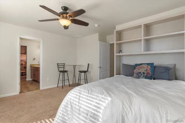 a bedroom with a bed and a cabinets