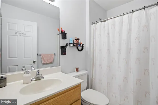 a bathroom with a sink a toilet and shower curtain