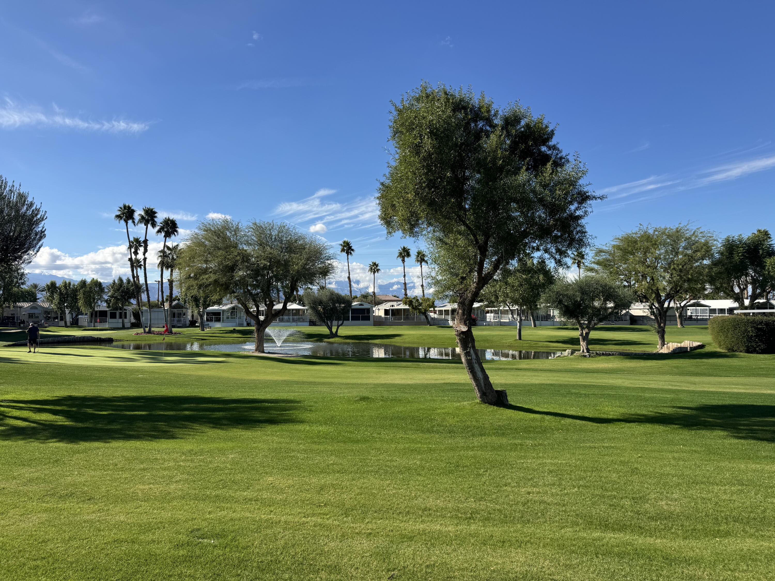 a view of a golf course with a lake