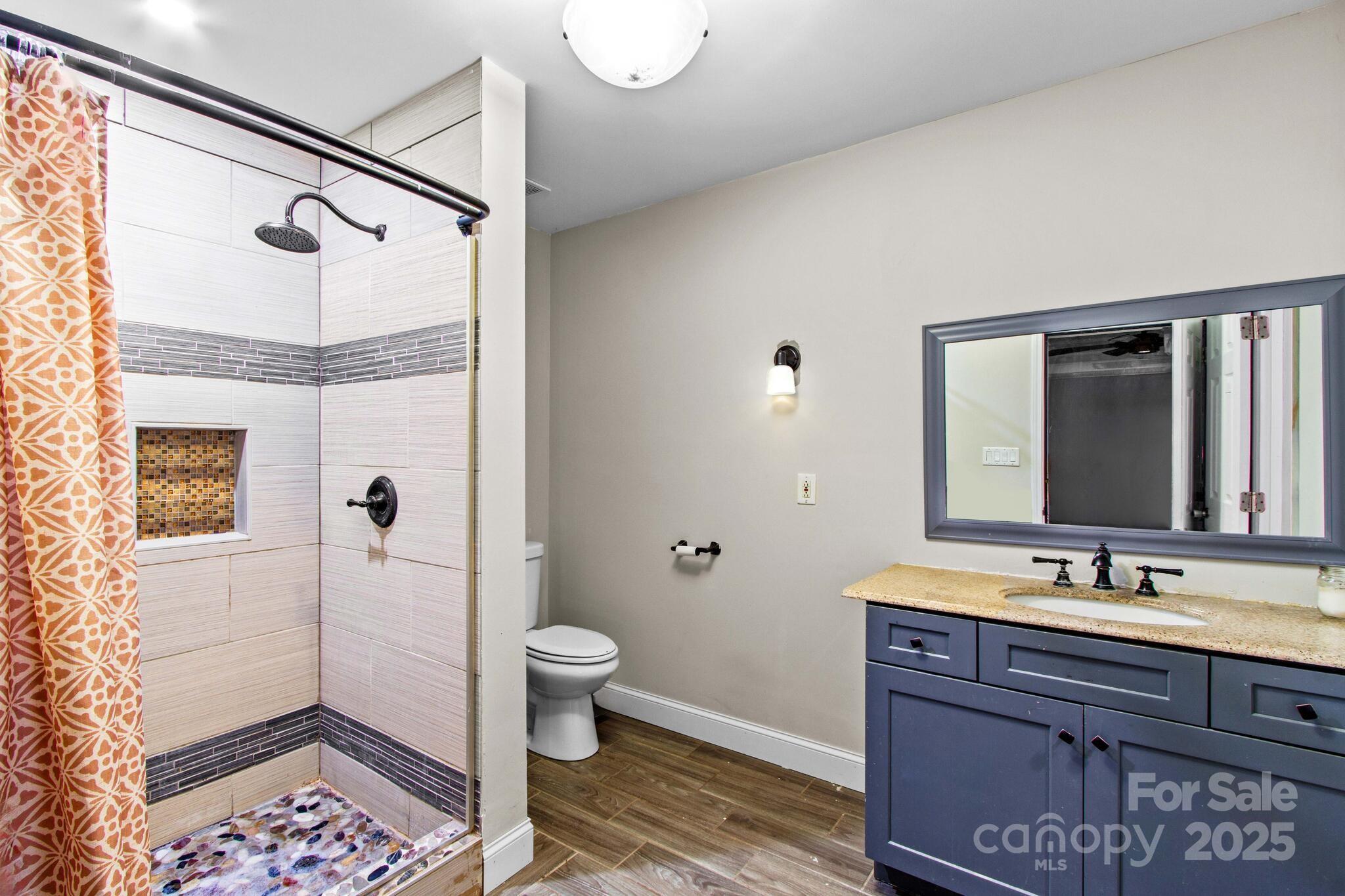 1493 Swicegood Road Linwood, NC 27299 - Photo 23 of 45 a bathroom with a sink toilet a mirror and shower