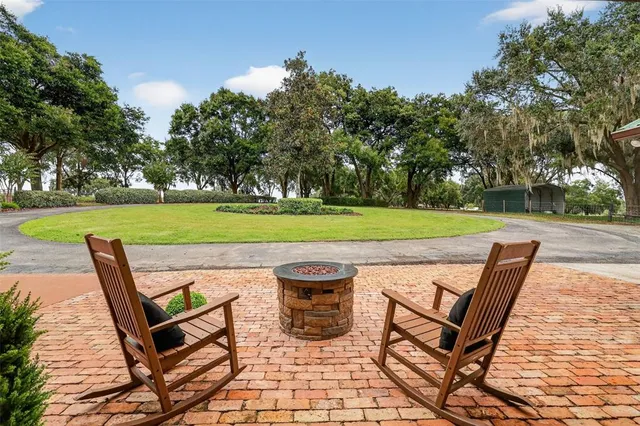 a view of yard with swimming pool and green space