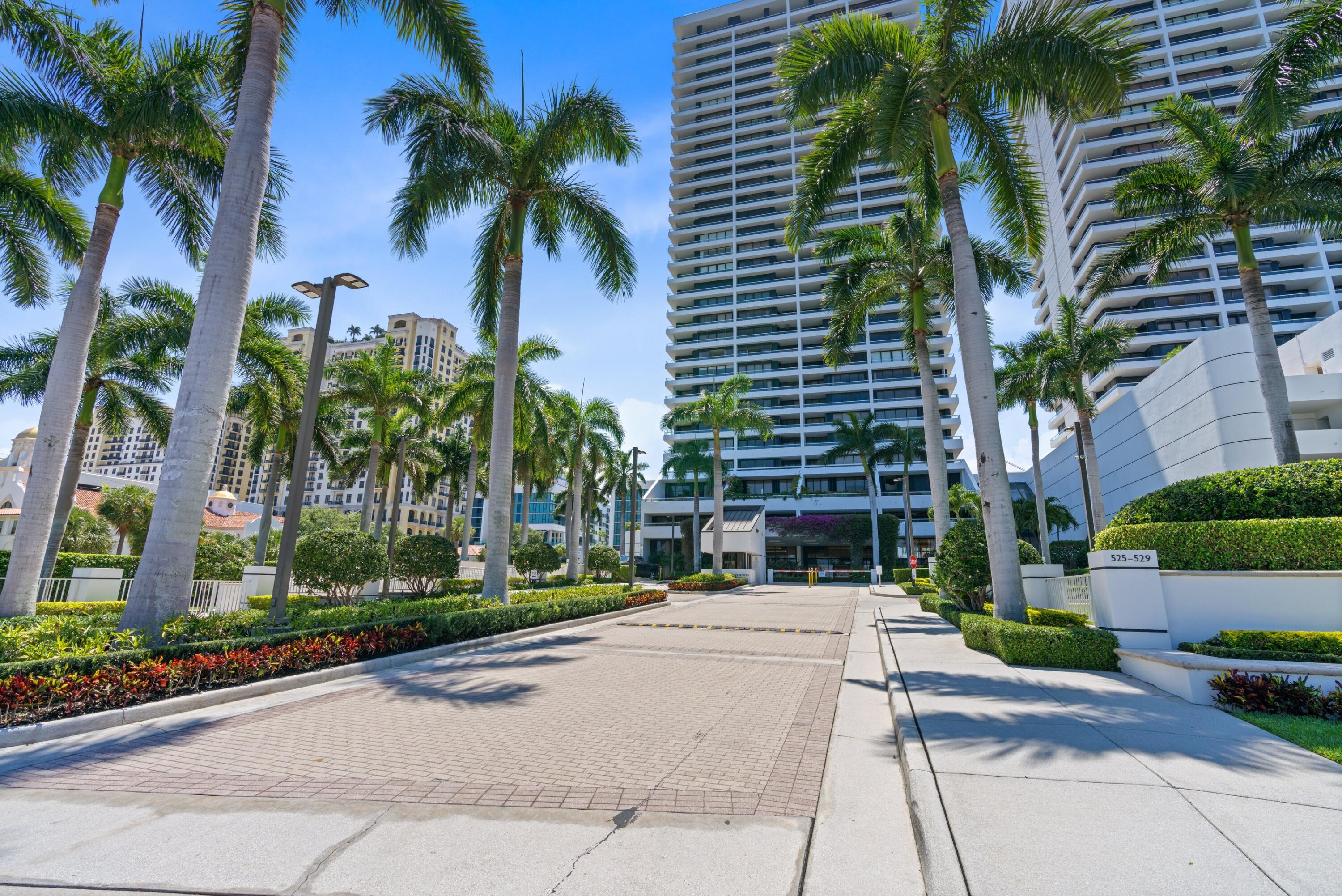 529 South Flagler Drive, Unit 6E West Palm Beach, FL 33401 - Photo 20 of 24 a palm tree sitting in front of a building with a yard and palm trees