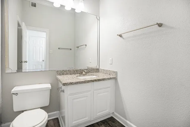 a bathroom with a granite countertop toilet and a sink