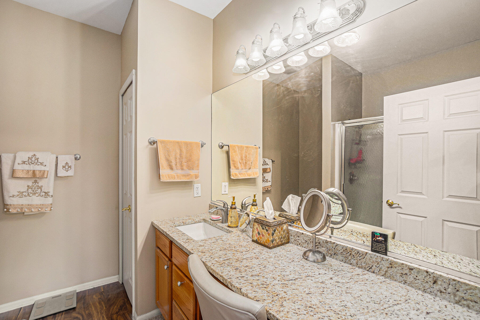 12190 80th Place Dyer, IN 46311 - Photo 13 of 16 a bathroom with a granite countertop sink a large mirror and a shower