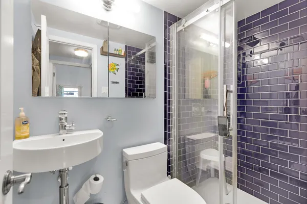 a bathroom with a sink a toilet and shower