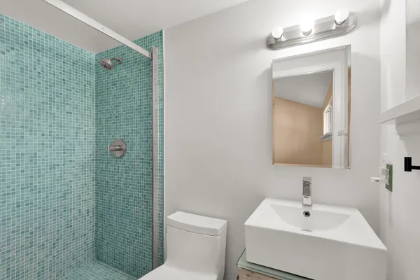 a bathroom with a shower a sink a toilet and mirror