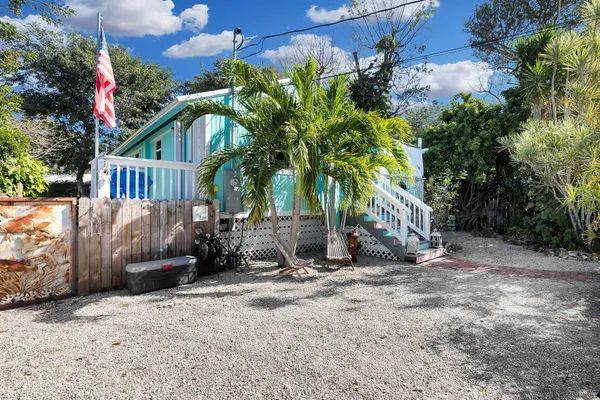 a view of backyard with potted plants and palm trees