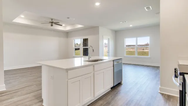 a kitchen with a sink cabinets and wooden floor