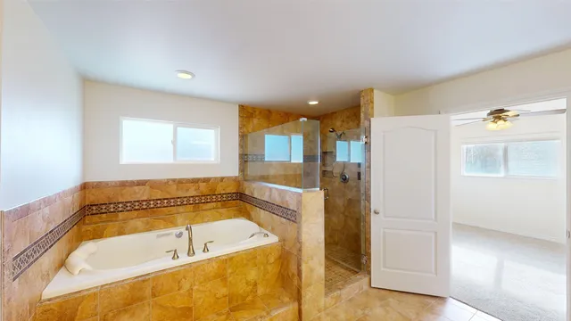 a bathroom with a bathtub and a shower