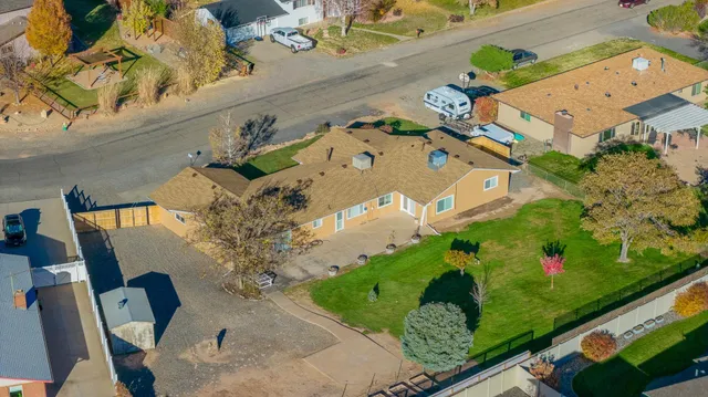 an aerial view of a house with a yard and potted plants