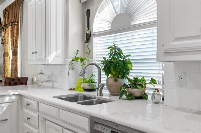 a kitchen with a sink a potted plant and a window