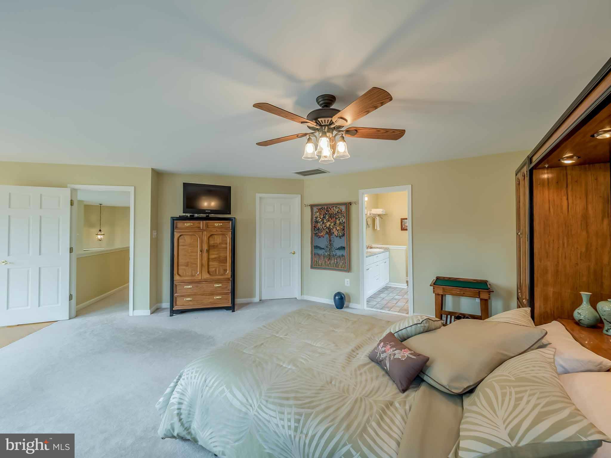 13110 Soundings Road Lusby, MD 20657 - Photo 20 of 30 a bedroom with a large bed and a chandelier