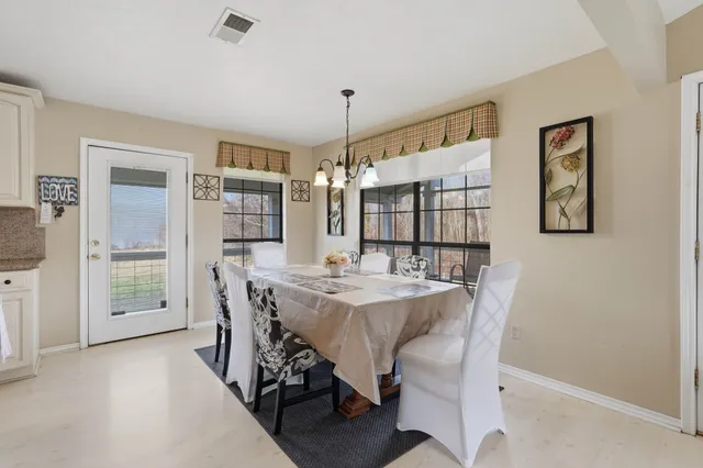 a view of a dining room with furniture and window