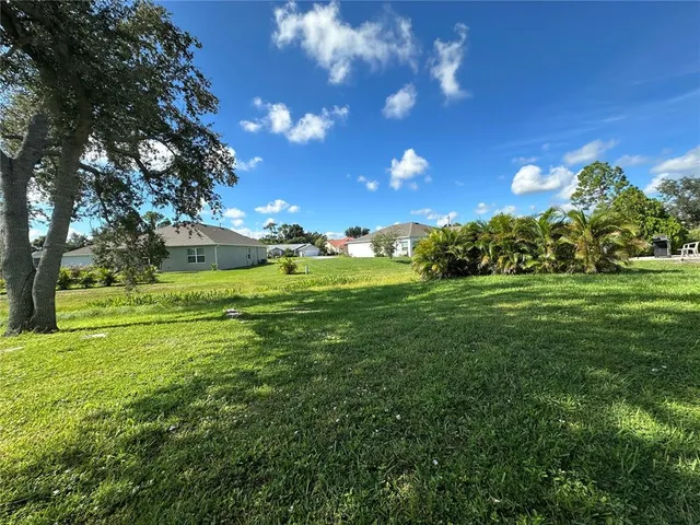 a view of a grassy field with an trees