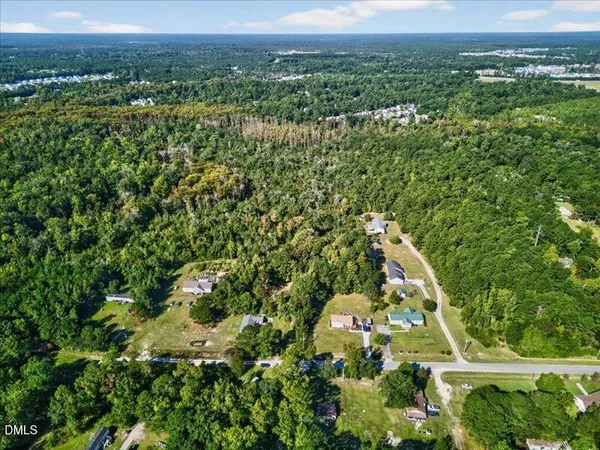 an aerial view of residential houses with outdoor space and trees