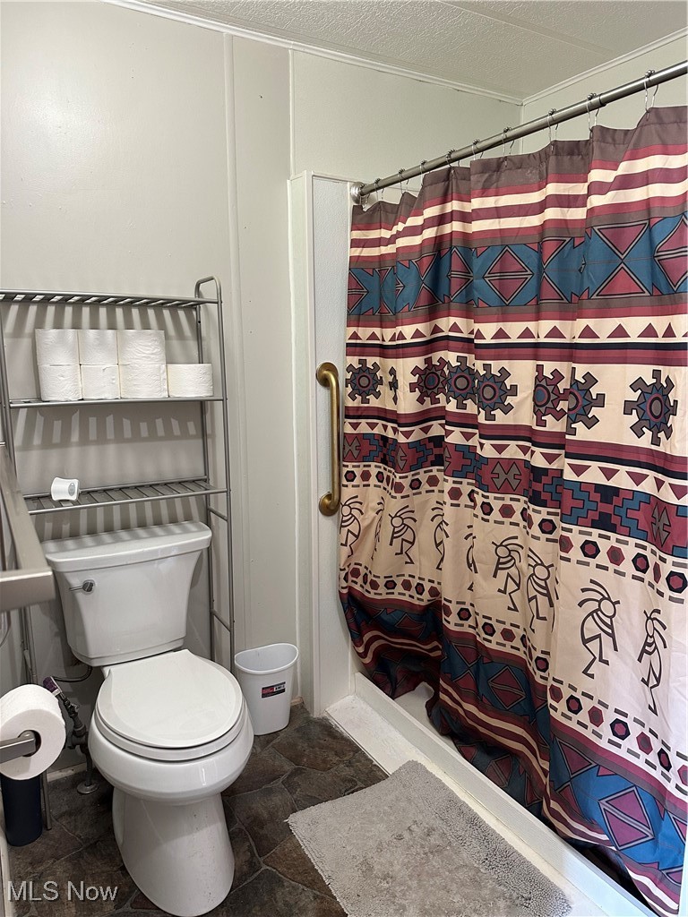 5852 Cleveland Road, Unit 21 Wooster, OH 44691 - Photo 13 of 17 Bathroom featuring toilet, walk in shower, and a textured ceiling