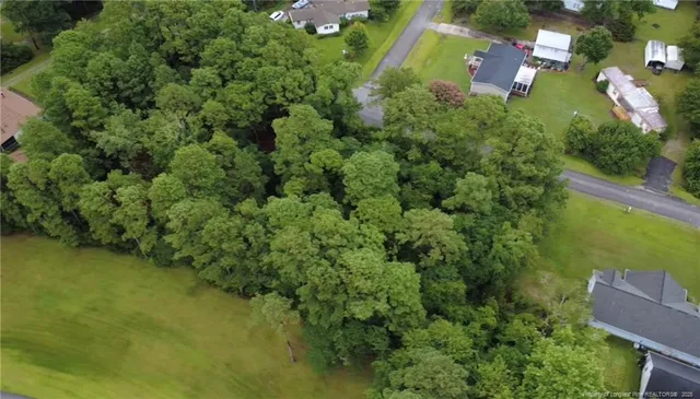 an aerial view of residential house with outdoor space and trees all around