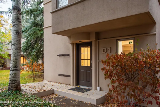 a couple of potted plants in front of door