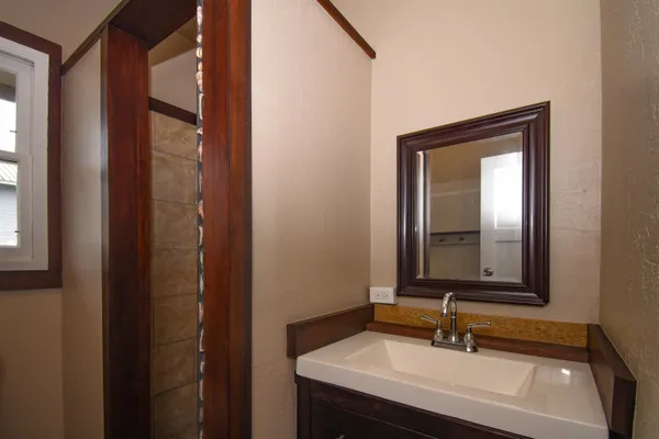 a bathroom with a sink and a mirror